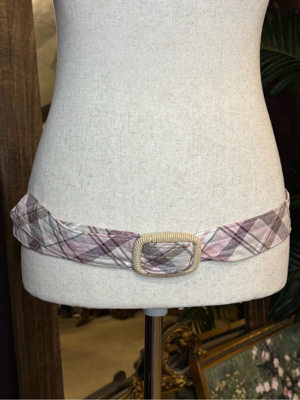 Plaid Pink Fabric Waist Belt with Rope Buckle